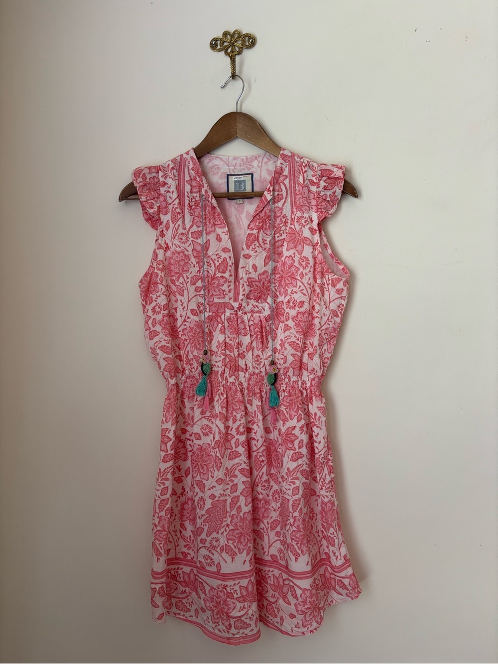 Bell by Alicia Bell Pink Floral Beaded Ruffle Cap Sleeve Dress Small Resortwear